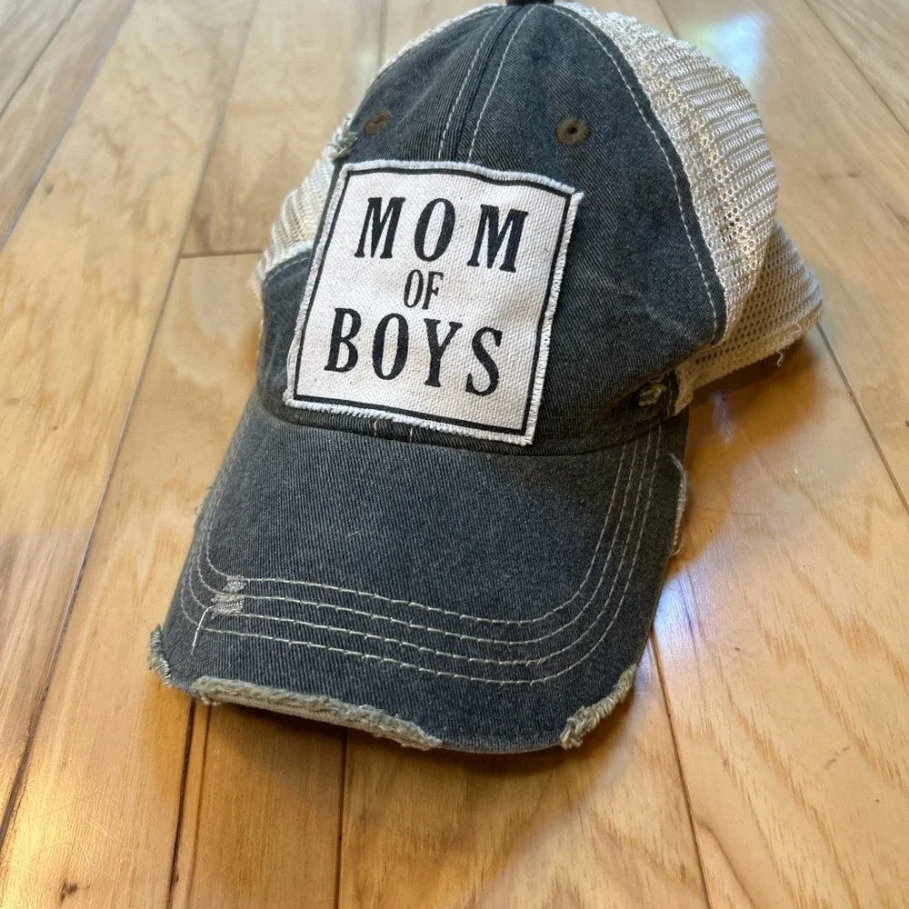 Vintage Distressed 'MOM OF BOYS' Trucker Hat Gray/Mesh #MomLife